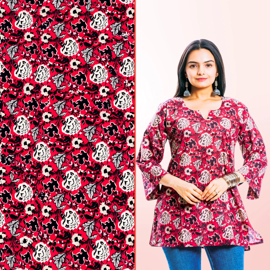 Intricate floral and block print textile design extracted from kurti apparel using AI - before and after fabric pattern recreation